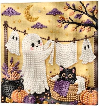 DIY Perlemalingssett med ramme 8 tommer Spøkelse Vaskedag Halloween Ghost Laundry Day