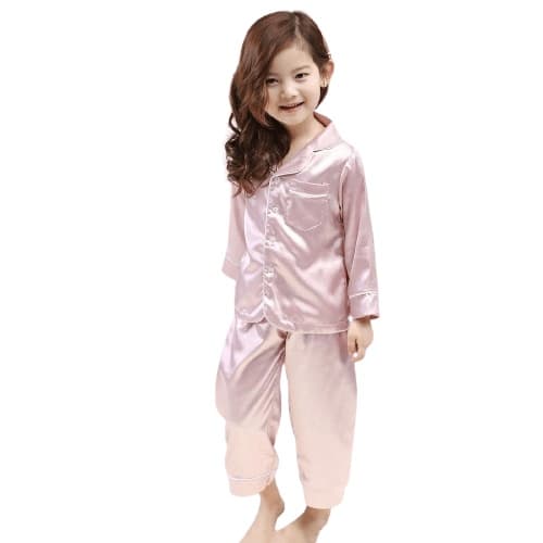 Långärmad pyjamas för barn, pyjamas i siden med knappar, rosa, storlek 150 cm pink 150cm
