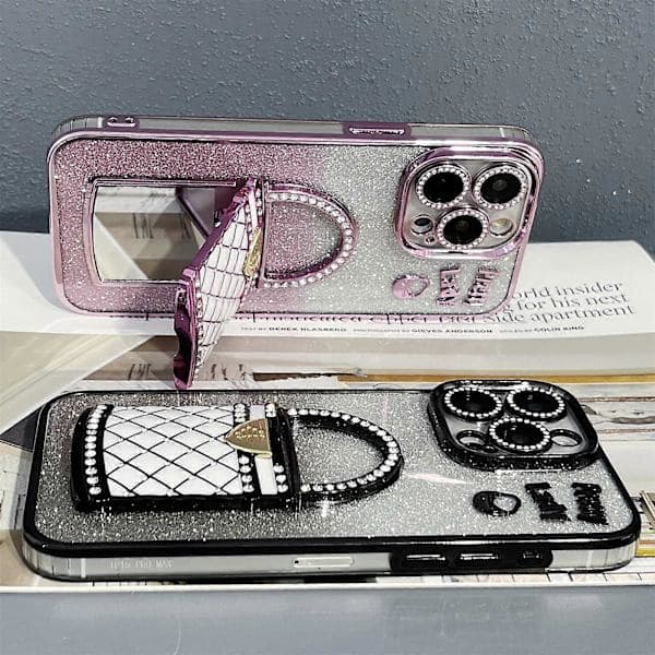 For iPhone 15 Pro-deksel Speilstativ TPU+PC Gradient Glitter Telefondeksel