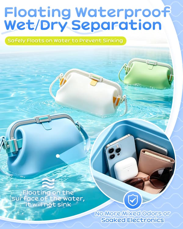 Silikon strandveske med stropp, vanntett flytende tote Blue Medium