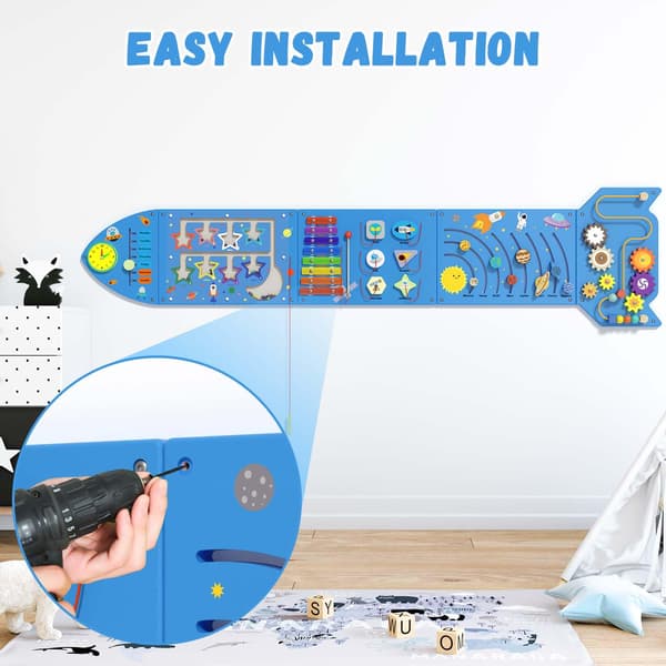 Spacocld Rocket Activity Wall Busy Board Paneler - Sensorisk Väggpanel för Barn, Montessori Småbarns Väggaktivitetsbräda, Väggleksaker för Småbarn 3, 5 Pieces Blue Rocket
