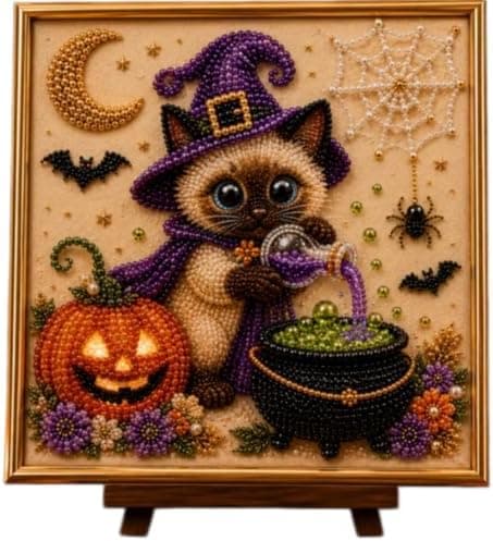 Hamai DIY Halloween Kat Perleperlemaleri Sæt, Perlekunst Håndværk med Spooky Sort Kat & Måne Design, Begyndervenligt, Afslappende Stresslindring Ee