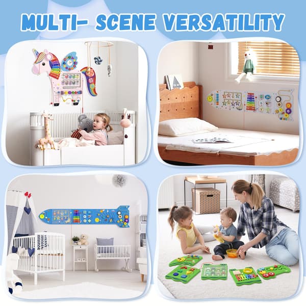 Spacocld Rocket Activity Wall Busy Board Paneler - Sensorisk Väggpanel för Barn, Montessori Småbarns Väggaktivitetsbräda, Väggleksaker för Småbarn 3, 5 Pieces Blue Rocket