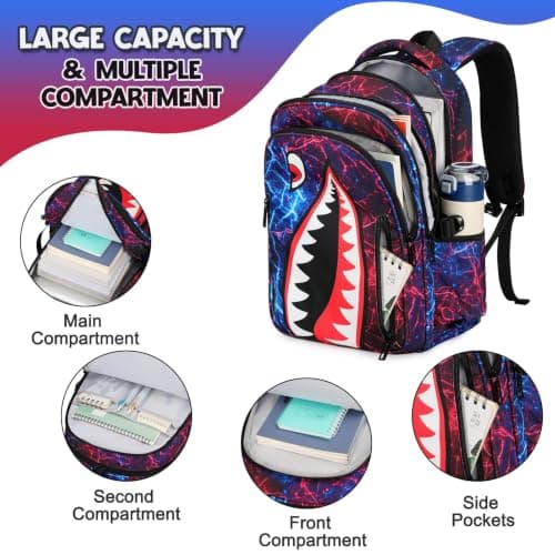 Rygsæk til drenge, 3 STK Cool Lysende Haj Drenge Rygsæk med Madkasse Red Blue Backpack