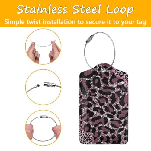 2-pack bagagebrickor i PU-läder för resväskor - Glitter Rosa Leopard Glitter Pink Leopard Print