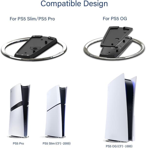 Universalt vertikalt stativ for PS5/PS5 Slim/PS5 Pro, sklisikker base, plassbesparende, tippebeskyttelse, tau-beskyttelse