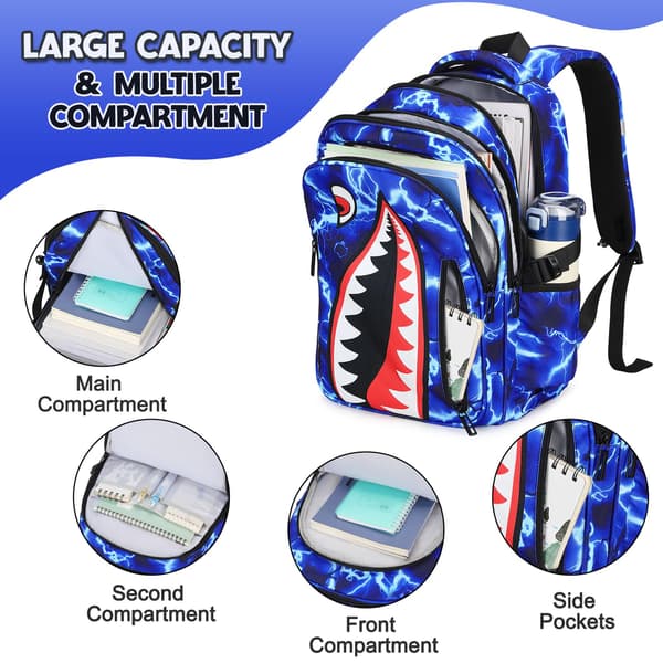 Rygsæk til drenge, 3 STK Cool Lysende Haj Drenge Rygsæk med Madkasse Blue Lightning Backpack