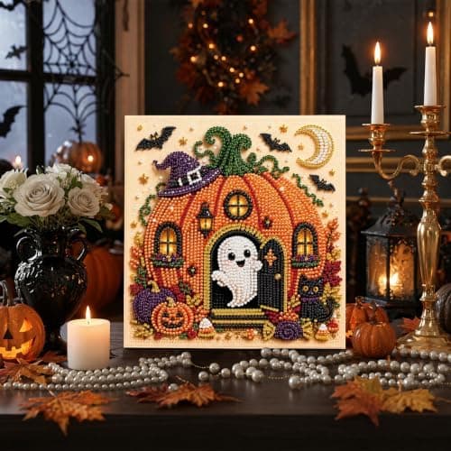 DIY Perlemalingssæt med ramme 12in Jack-o-Lantern Hytte Spøgelse Jack-o-Lantern Cottage
