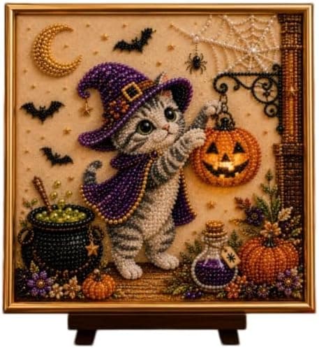 Hamai DIY Halloween Kat Perleperlemaleri Sæt, Perlekunst Håndværk med Spooky Sort Kat & Måne Design, Begyndervenligt, Afslappende Stresslindring C