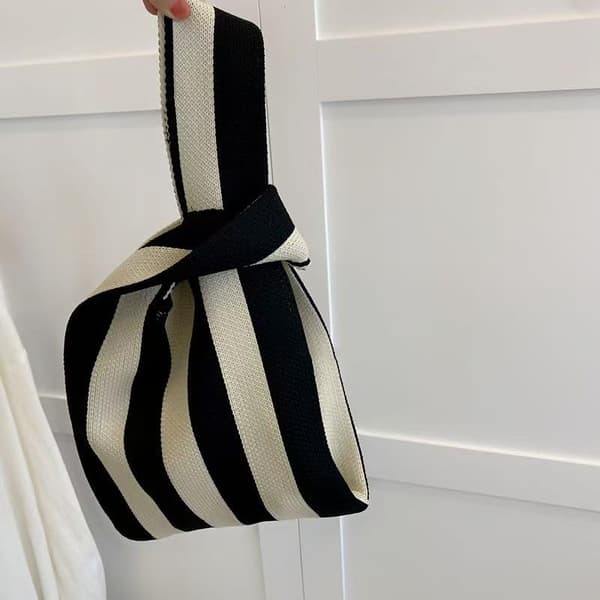 Randig stickad handledsväska mini dam vardagsresor blixtlåsficka handväska Black