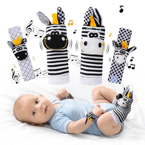 Högkontrast babyleksaker 0-12 månader, skallrande strumpor och handledsskallror set Black white Donkey