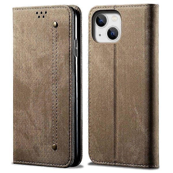 Stødsikkert Wallet Case med Stativ i PU Læder og Denim Tekstur til iPhone 15 Plus