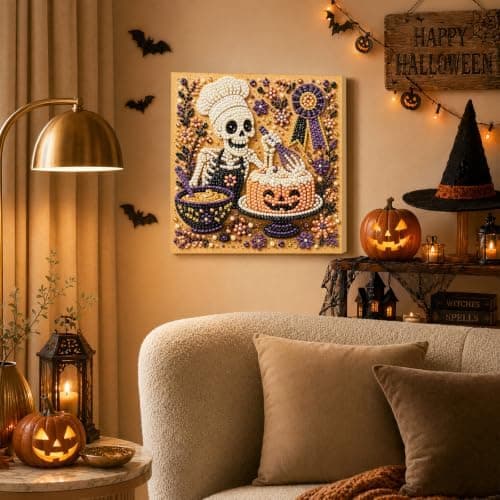 DIY Perlemalingssett med ramme 8 tommer Skjelettkokk Gresskarkake Skeleton Chef Pumpkin Cake