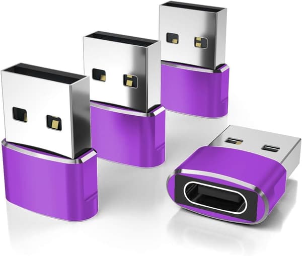 Elebase USB til USB C-adapter til iPhone 17 4-pak, USB-C hun til A han bilopladeradapter, Type C-konverter Apple 17e 16 Pro Max 15 14 Purple