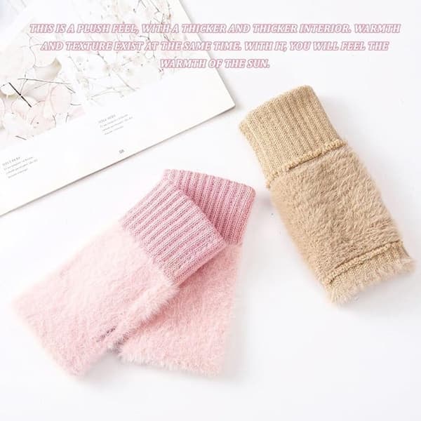 ING Søde Strikkede Handsker (2 Par), Varme Damehandsker, Fingerløse Plys (Pink, Beige)