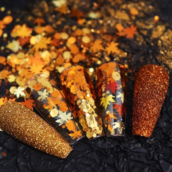 Glitter-kynsitaide vaahteranlehti kynsipaljetit, syksyn lehtien kynsikoristeet