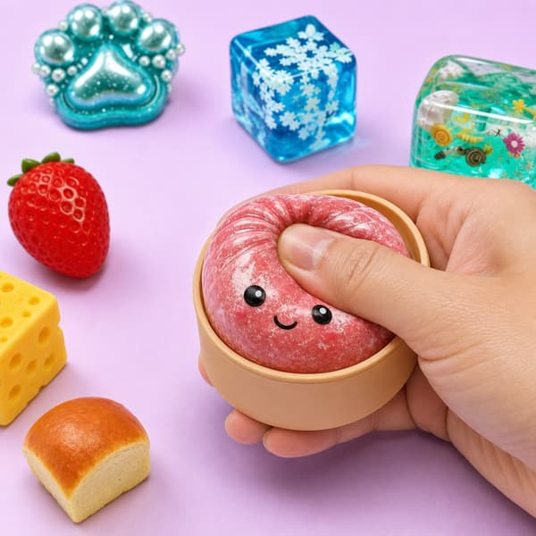 8-delt Squishy Madlegetøjssæt, Brød Jordbær Æble Kattepote Dumpling og Terning Stressaflastende Gaveæske