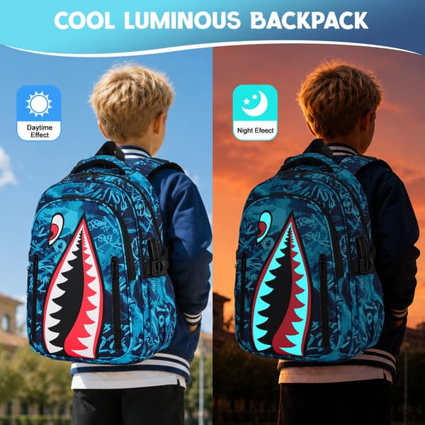 Rygsæk til drenge, 3 STK Cool Lysende Haj Drenge Rygsæk med Madkasse Blue Graffiti Backpack