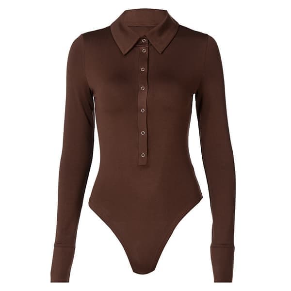 Dam långärmad bodysuit med nedvikt krage, brun, storlek M brown M