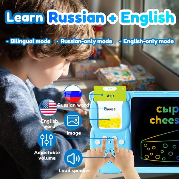 Skrivplatta med tvåspråkiga flashkort för barn, ryska, blå Blue Russian