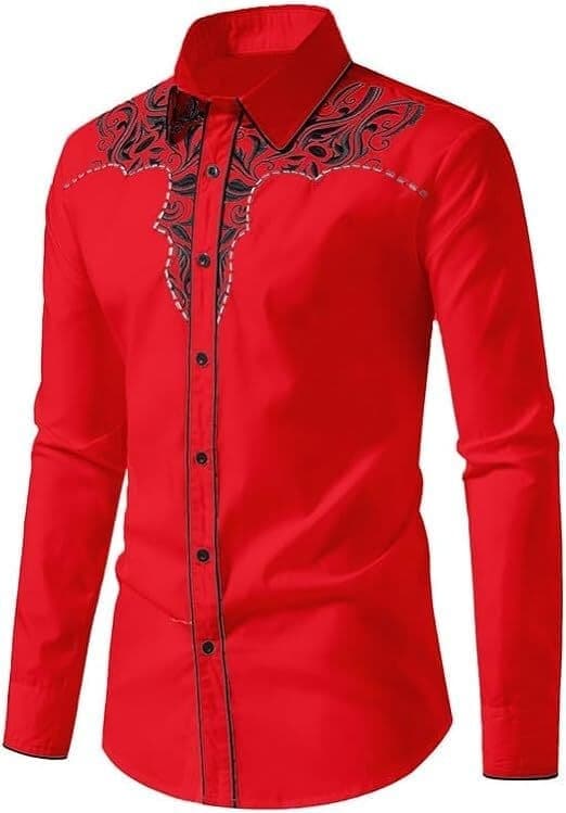 Herrskjorta med knappar, lång ärm, broderad, röd 1, storlek M Red 1 M