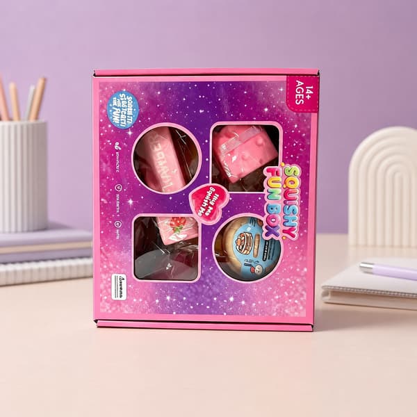 4-delad rosa Squishy Fun Box, kompakta blandade mat-sensoriska stressavlastningsleksaker i presentförpackning med fönster