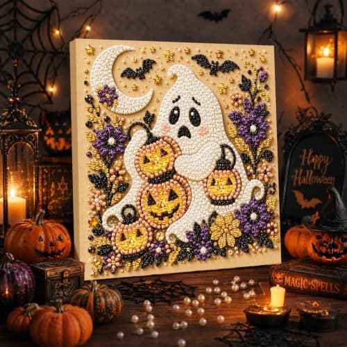 DIY Perlemalingssett med ramme 8 tommer Spøkelse med gresskar Ghost with Jack-o-Lanterns