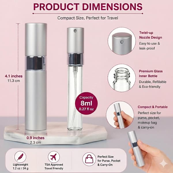 4-pack 8 ml påfyllningsbar parfymatomizer, glasinsida, aluminiumskal Sliver