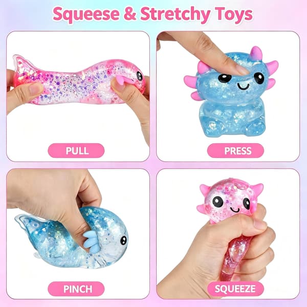 Tedmax Glitter Axolotl Squishy Sanselegetøj, 4 stk. Blødt og Strækbart Fidget Legetøj Pink