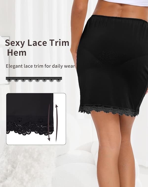 Kvinders Satin Halv Underkjole til Under Kjoler Underkjole med Blondekant, Sort, Størrelse S black S