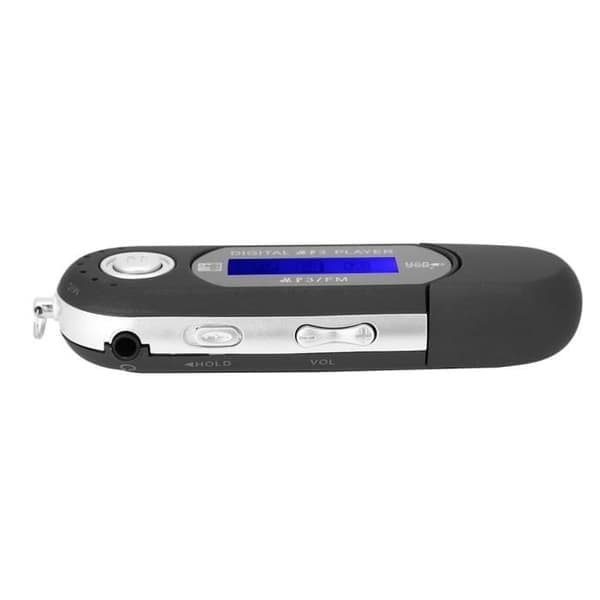 MP3-soitin, musta, LCD-näyttö, FM-radio, sanelin