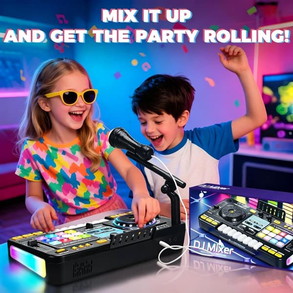 Multifunksjonelt DJ-miksekontrollersett for barn, med LED-lys, lydeffekter, mikrofon og et DJ-keyboard i pianostil; et