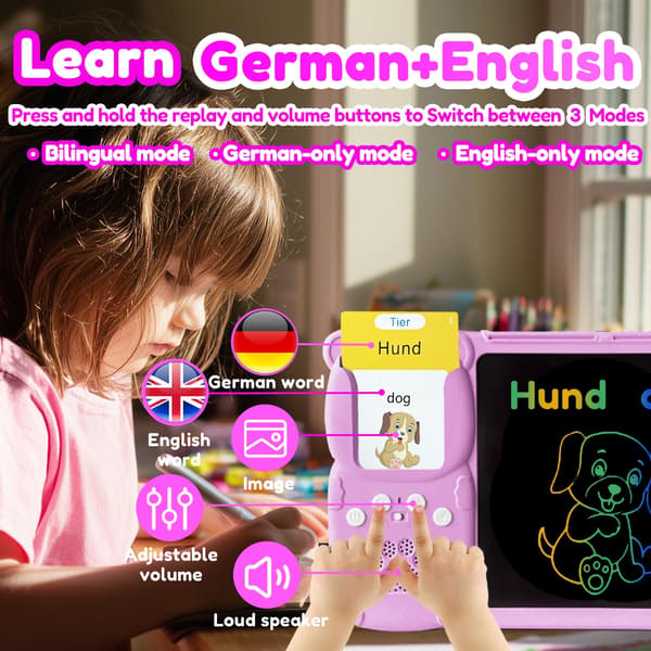 Skriveplade med tosprogede flashkort til børn, tysk, pink Pink German