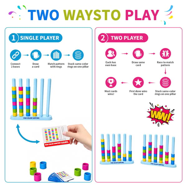 2-pack färgstaplingsutmaningsspel – 50 kort och 80 ringar