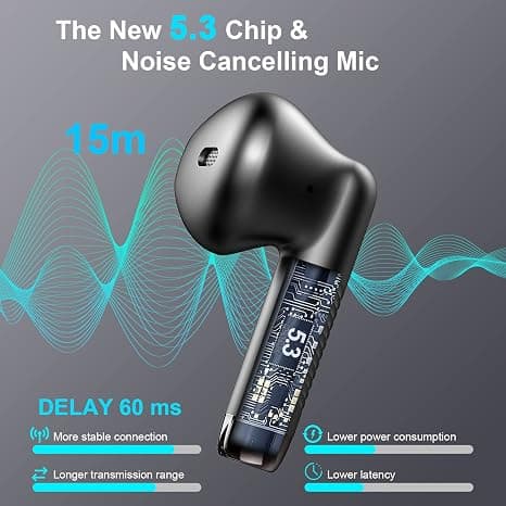 Trådløse ørepropper Bluetooth 5.4, Stereo Bass Ørepropper med Støyreduserende Mikrofon, IP7 Vanntett, 32T Spilletid, USB-C Etui for Android iOS Black