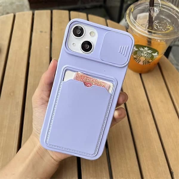 iPhone-etui med kortholder og pung - Skydbar kamerabeskyttelse, blød silikone, sort lilla til iPhone 8 Plus Purple For iPhone 8 Plus