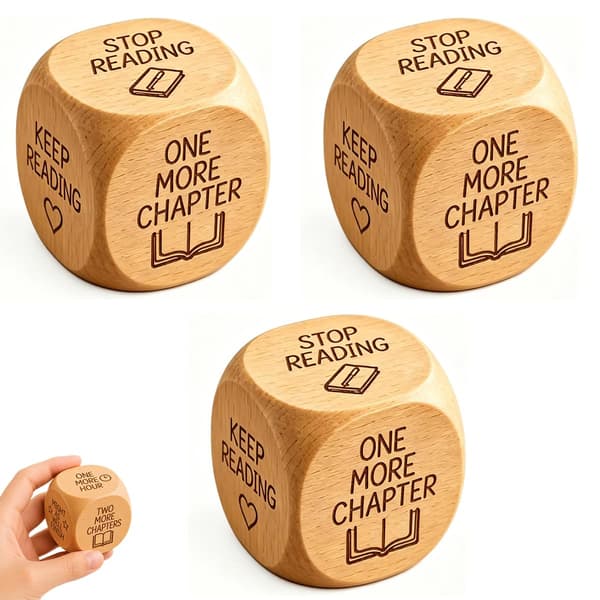Lesebeslutnings-terning i tre, 6-sidet gravert bok-inspirert spillterning, \"One More Chapter\" nyhetsminne, skrivebordsdekorasjon for bøker 3pcs