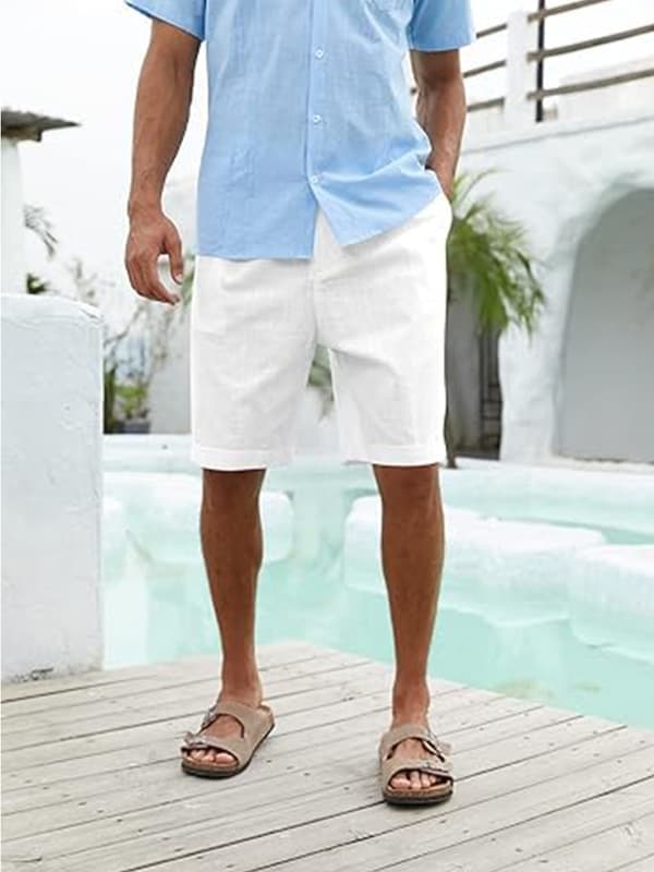 Herrshorts i bomull och linne med platt front, elastisk midja, strandshorts, vit, storlek 2XL white 2XL