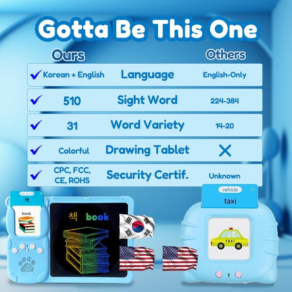 Skriveplade med tosprogede flashkort til børn, koreansk, blå Blue Korean