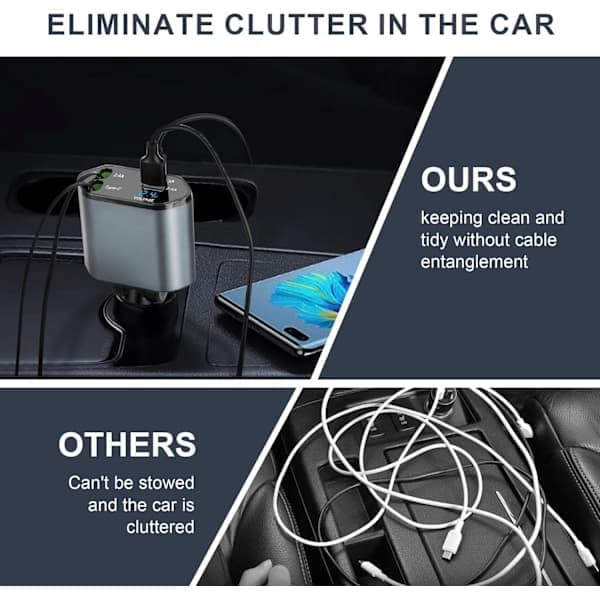 120W Uttrekkbar Billader 4-i-1 Billaderadapter med Uttrekkbare Kabler og USB/USB-C-porter Kompatibel med iPhone, Android
