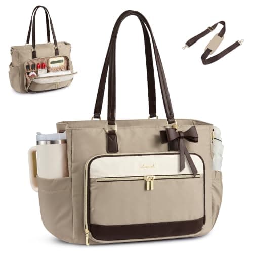 LOVEVOOK Lærertaske til kvinder, arbejdstaske til bærbar computer, computertaske Khaki-beige-coffee 17.3 in
