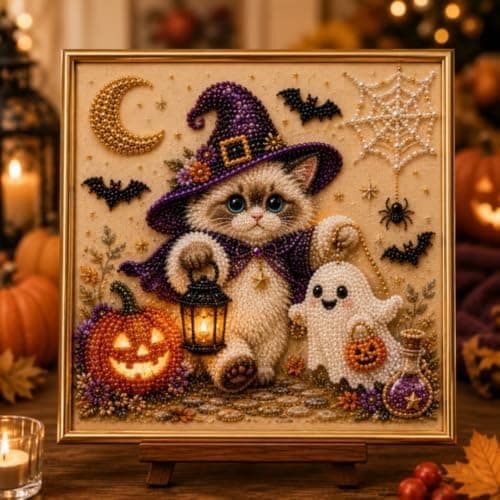 Hamai DIY Halloween Kat Perleperlemaleri Sæt, Perlekunst Håndværk med Spooky Sort Kat & Måne Design, Begyndervenligt, Afslappende Stresslindring D