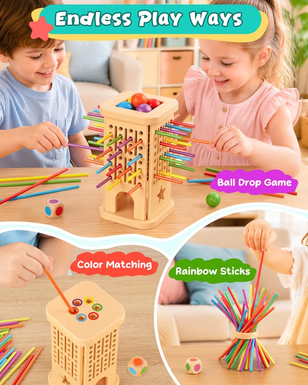 Montessori brætspil til børn 4-6 år, farverige træpinde bolddrop spil