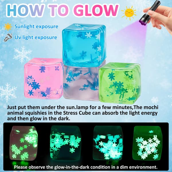 4 st självlysande squishy-kuber, kubklämleksak med snöflingeis, långsamt stigande gummiblock stresskub, sensoriska fidgetleksaker för barn Snowflakes Cube - 4pcs