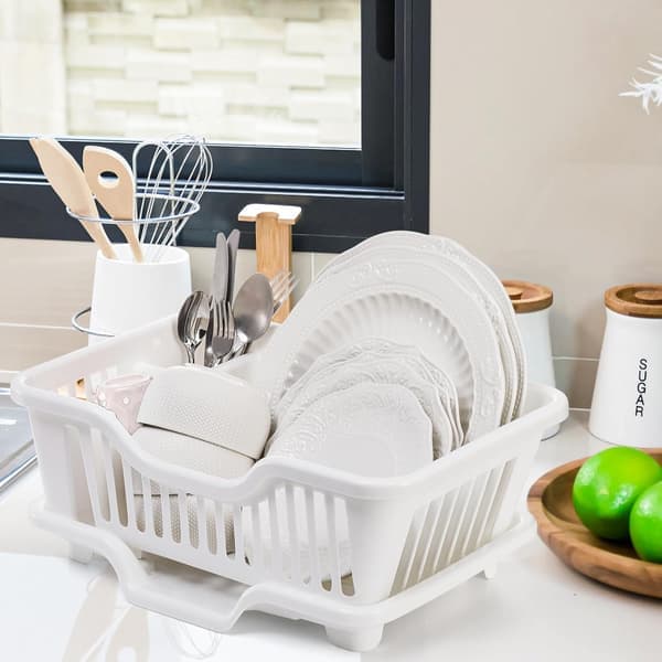 Tvådelat diskställ i plast, robust diskställ för diskbänk, stort vitt avrinningsställ med avrinningsbräda
