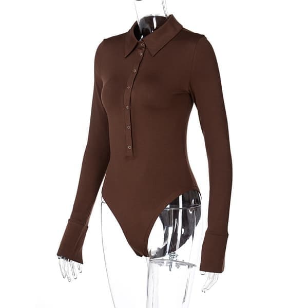 Dam långärmad bodysuit med nedvikt krage, brun, storlek M brown M