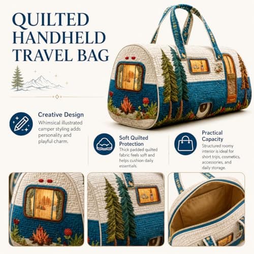 Sød hvalp quiltet duffel håndtaske, blomstret patchwork rejsetaske til camping, picnic, korte ture daglig opbevaring Camper Pine Tree 2