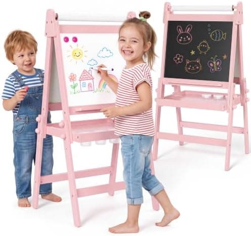 Vikbart staffli för barn med griffeltavla och whiteboard, rosa Pink
