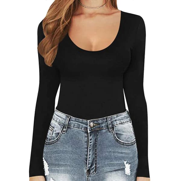 Crew Neck Langermet Bodysuit Dobbeltfôret Myk Basic Topp Dame Langermet Bodysuit Red M