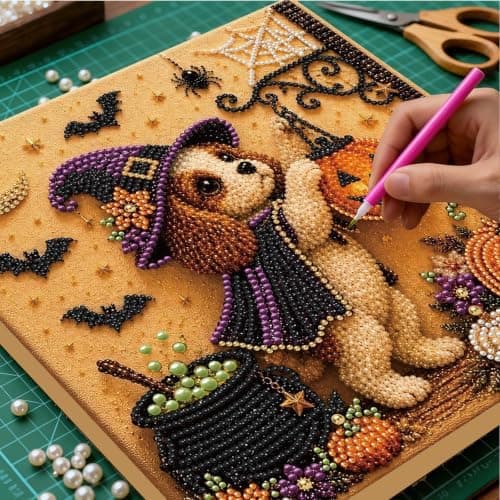 DIY Perlemalingssett med ramme 12 tommer Spaniel Heks Gresskar Lykt Spaniel Witch with Pumpkin Lantern